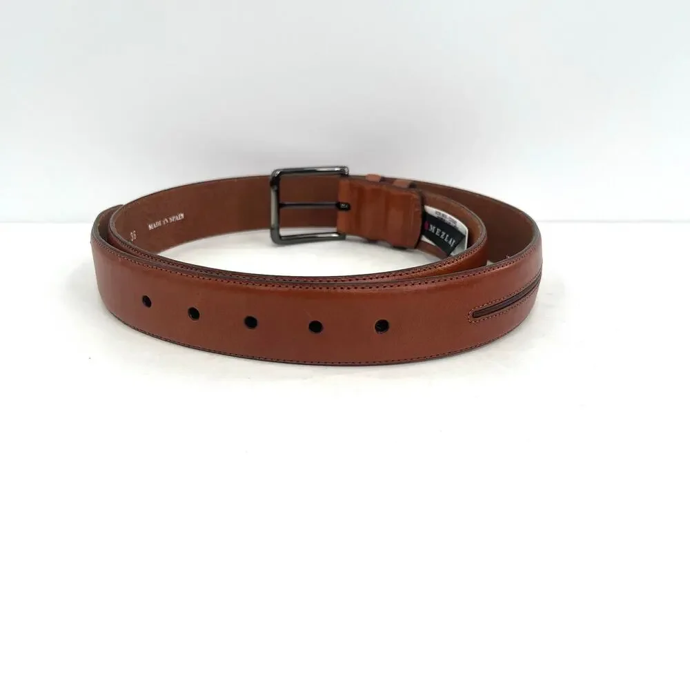 Mezlan men’s leather pewter square buckle cognac belt